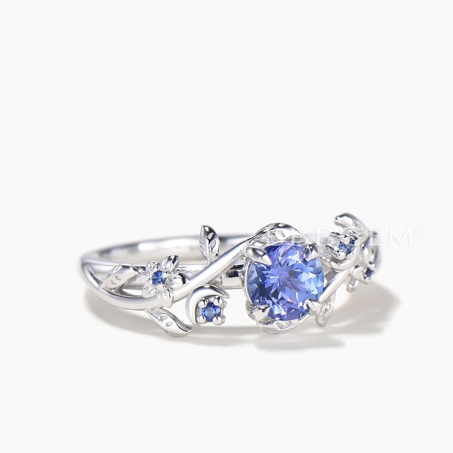 Round Cut Natural Tanzanite Engagement Ring Sapphire Leaf Inspired Ring