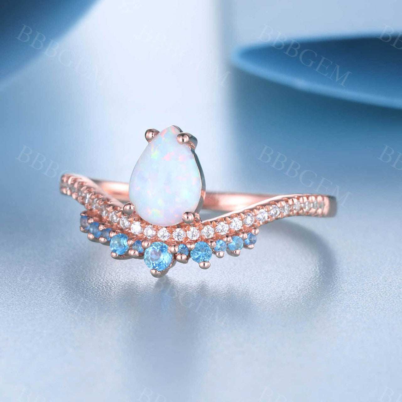 White Opal Diamond Engagement Ring Blue Topaz Ring