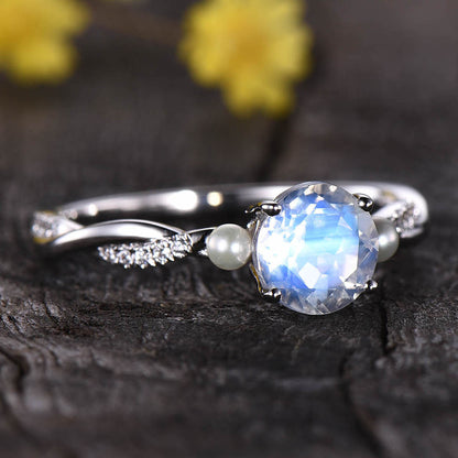 White Gold Moonstone Engagement Ring-BBBGEM Moonstone And Pearl Ring