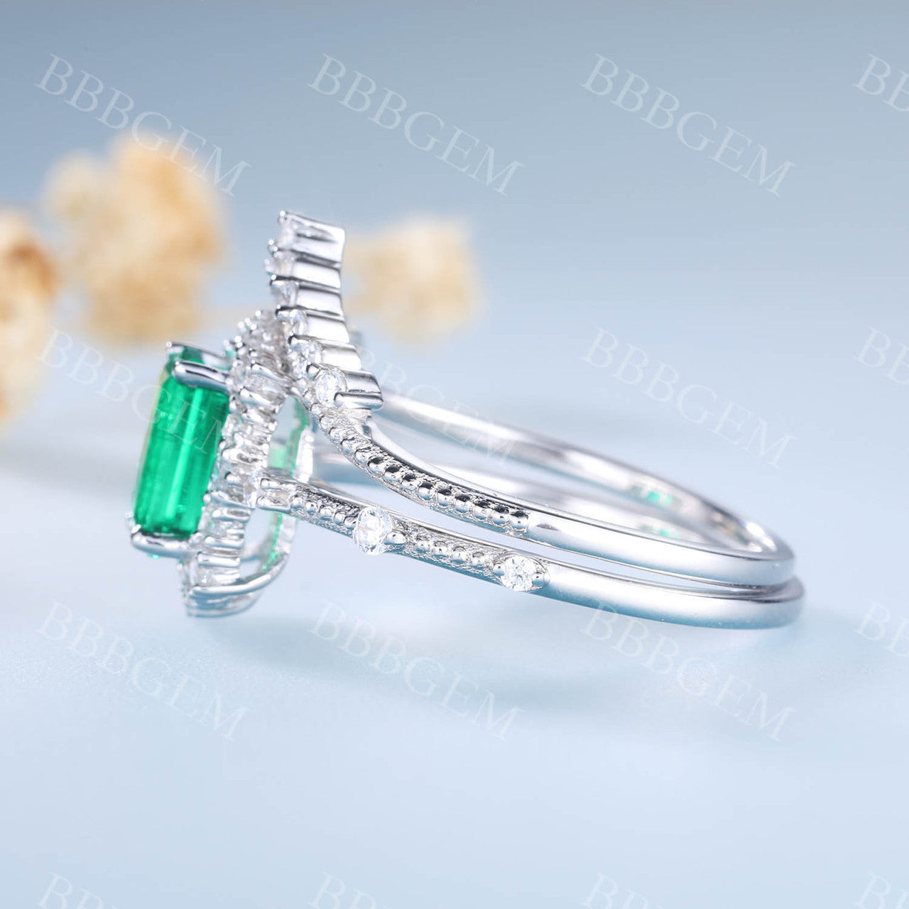 Emerald Gemstone Statement Ring Emerald Cut Wedding Ring Set