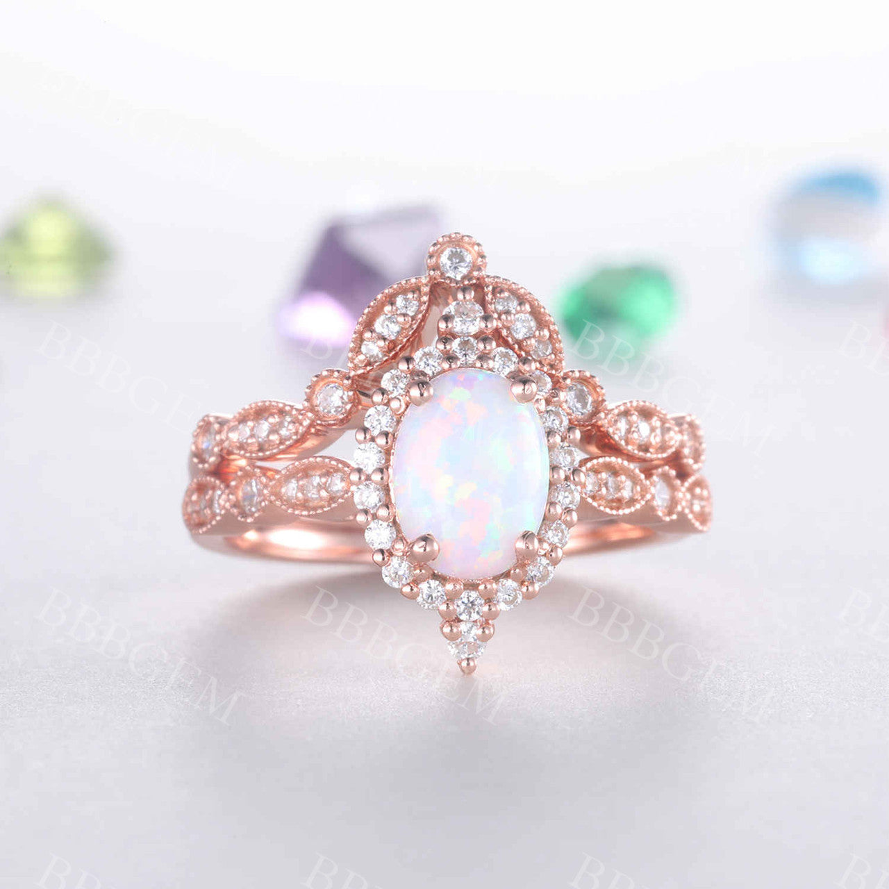 Vintage Oval White Opal Engagement Ring Set