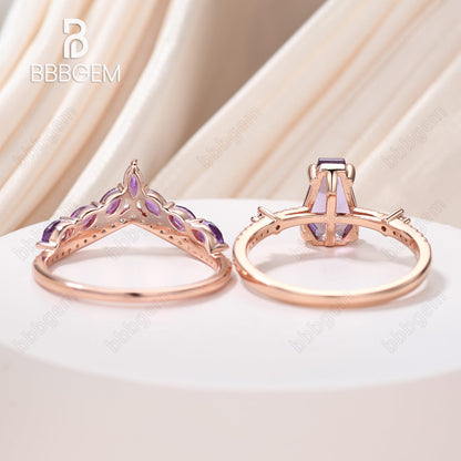 Coffin Purple Amethyst Engagement Rings with Crystal Birthstone Statement Rings Set