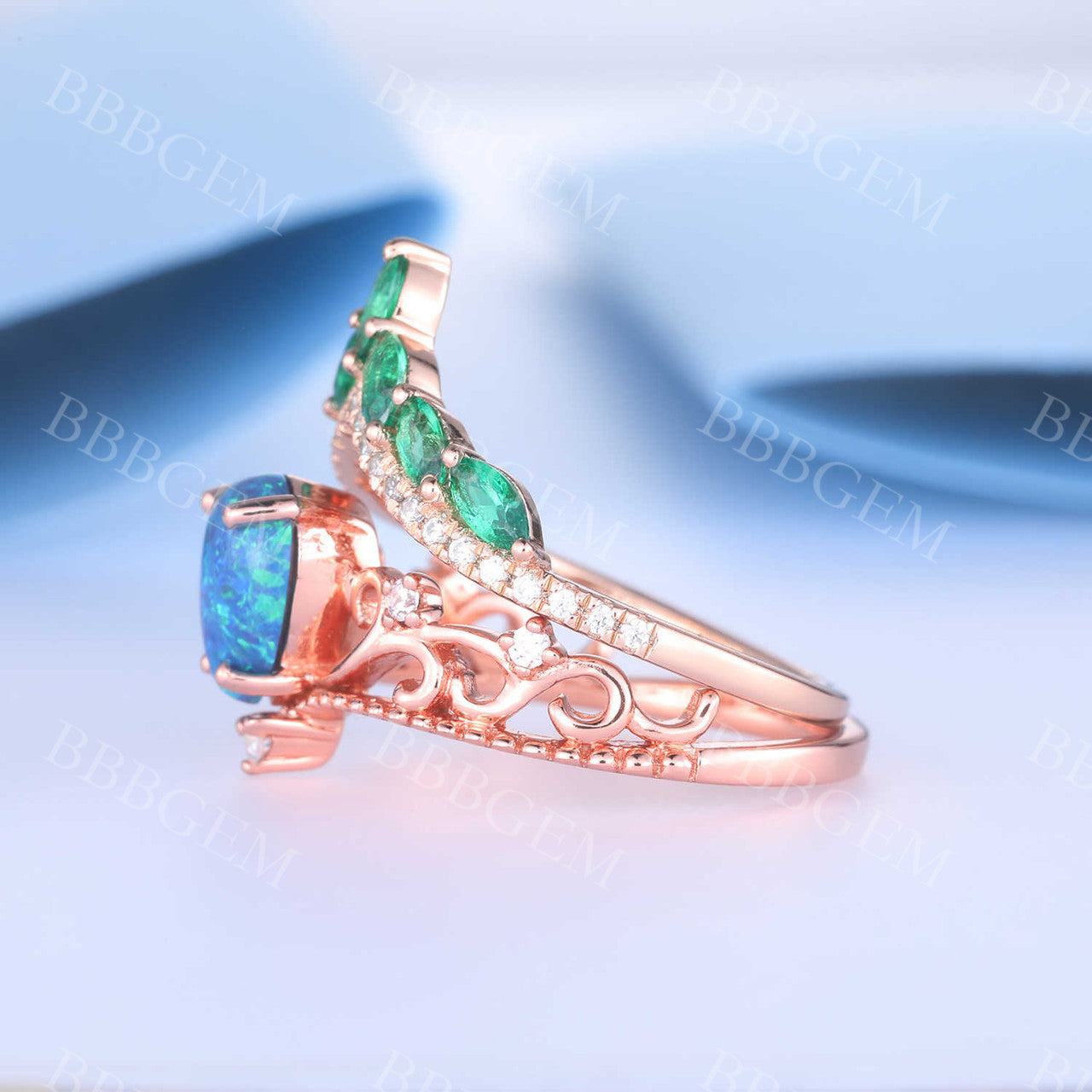 Black Opal Emerald Engagement Ring Set