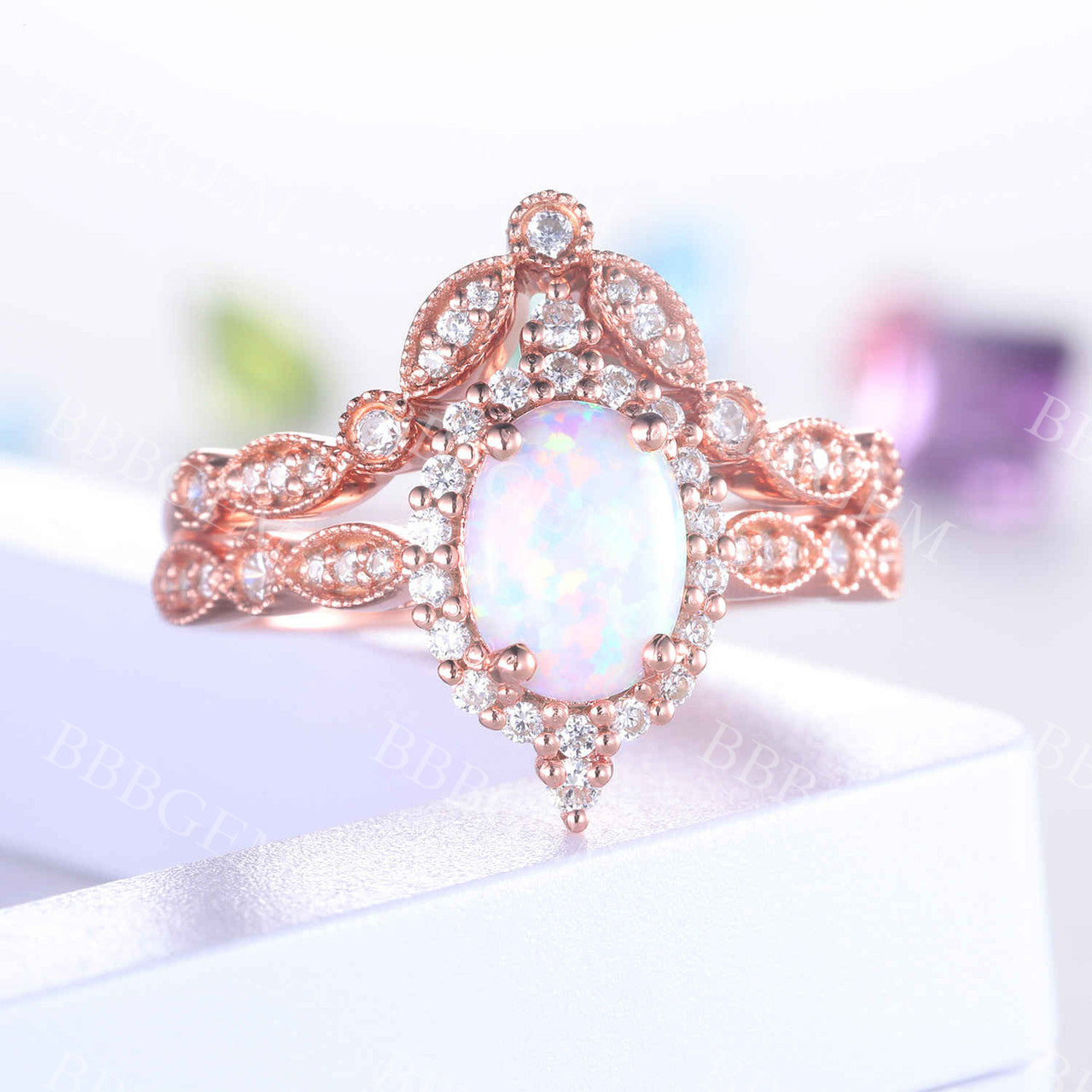 Vintage Oval White Opal Engagement Ring Set