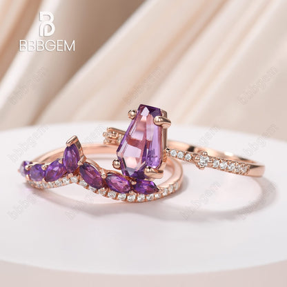 Coffin Purple Amethyst Engagement Rings with Crystal Birthstone Statement Rings Set