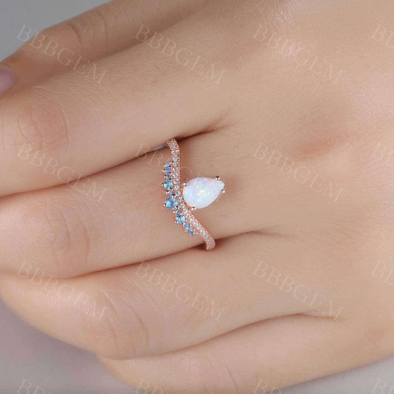 White Opal Diamond Engagement Ring Blue Topaz Ring