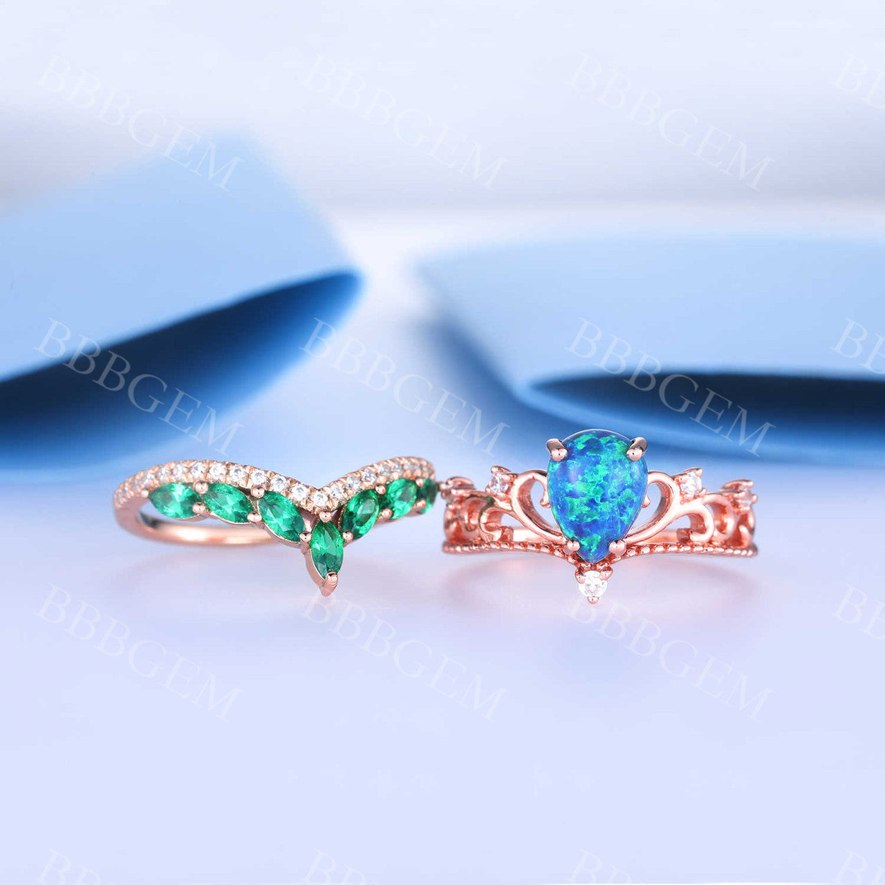 Black Opal Emerald Engagement Ring Set