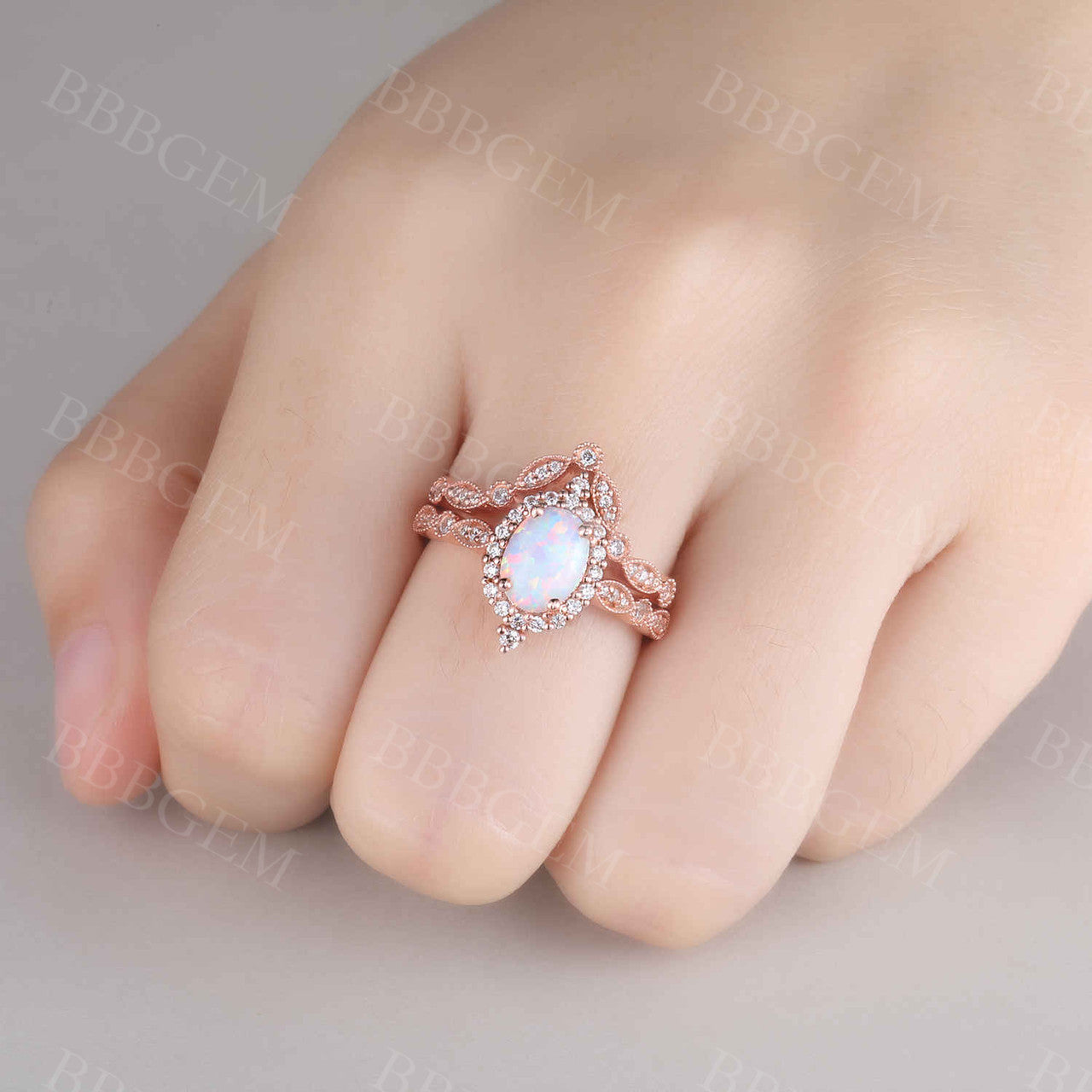 Vintage Oval White Opal Engagement Ring Set