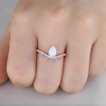 White Opal Diamond Engagement Ring Blue Topaz Ring