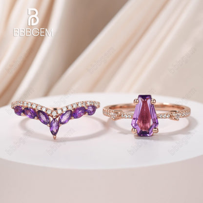 Coffin Purple Amethyst Engagement Rings with Crystal Birthstone Statement Rings Set