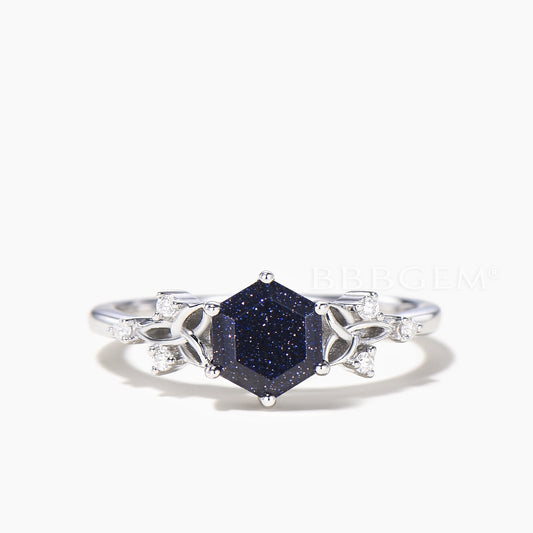 Hexagon Cut Blue Sandstone Engagement Ring Diamond Celtic Knot Ring
