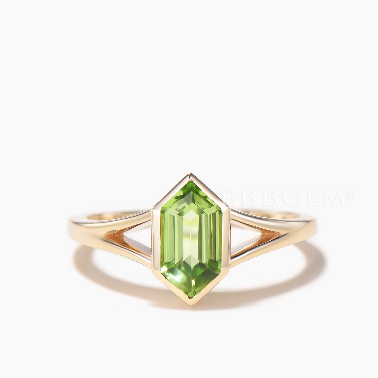 Hexagon Cut Natural Peridot Split Shank Engagement Ring Solitaire Ring