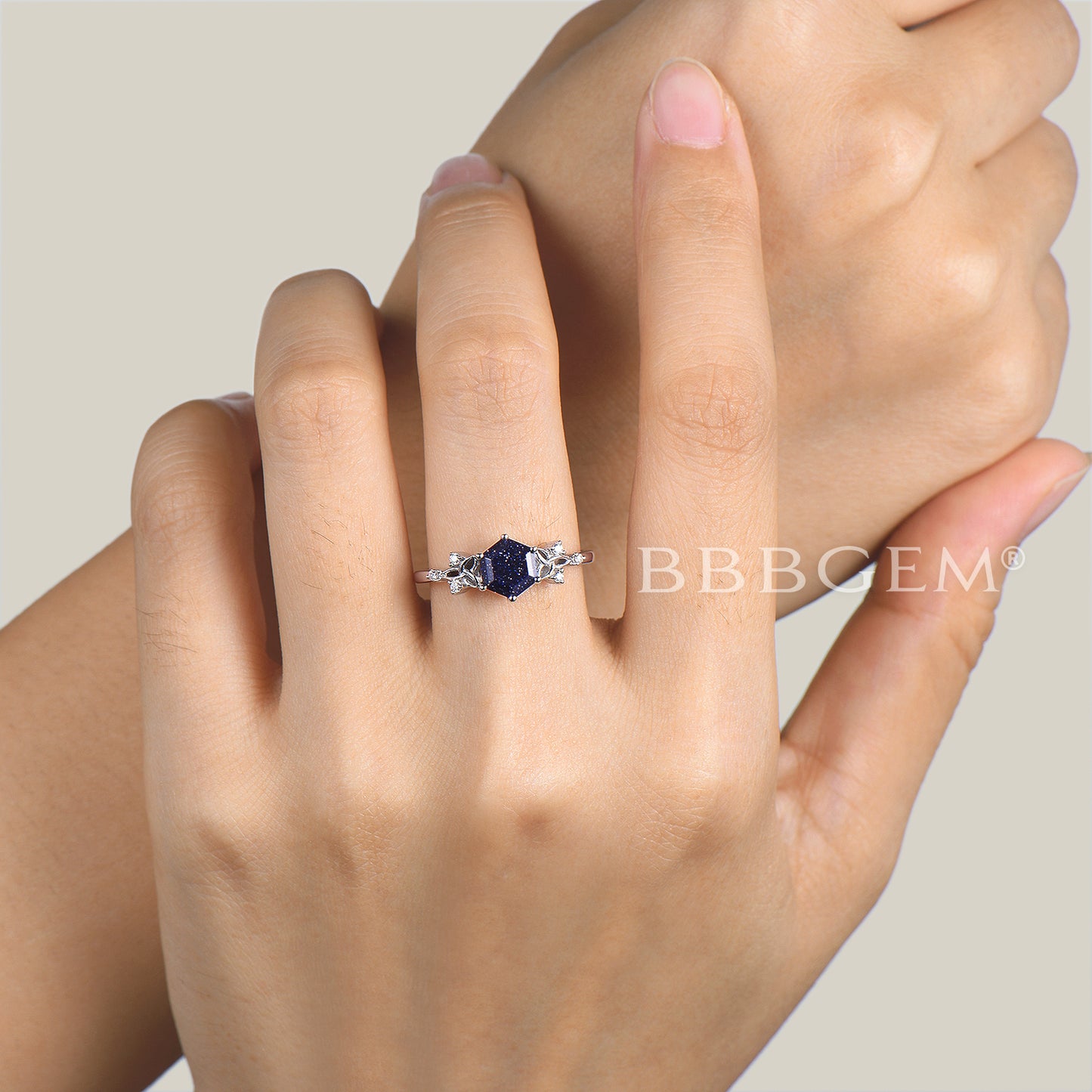 Hexagon Cut Blue Sandstone Engagement Ring Diamond Celtic Knot Ring