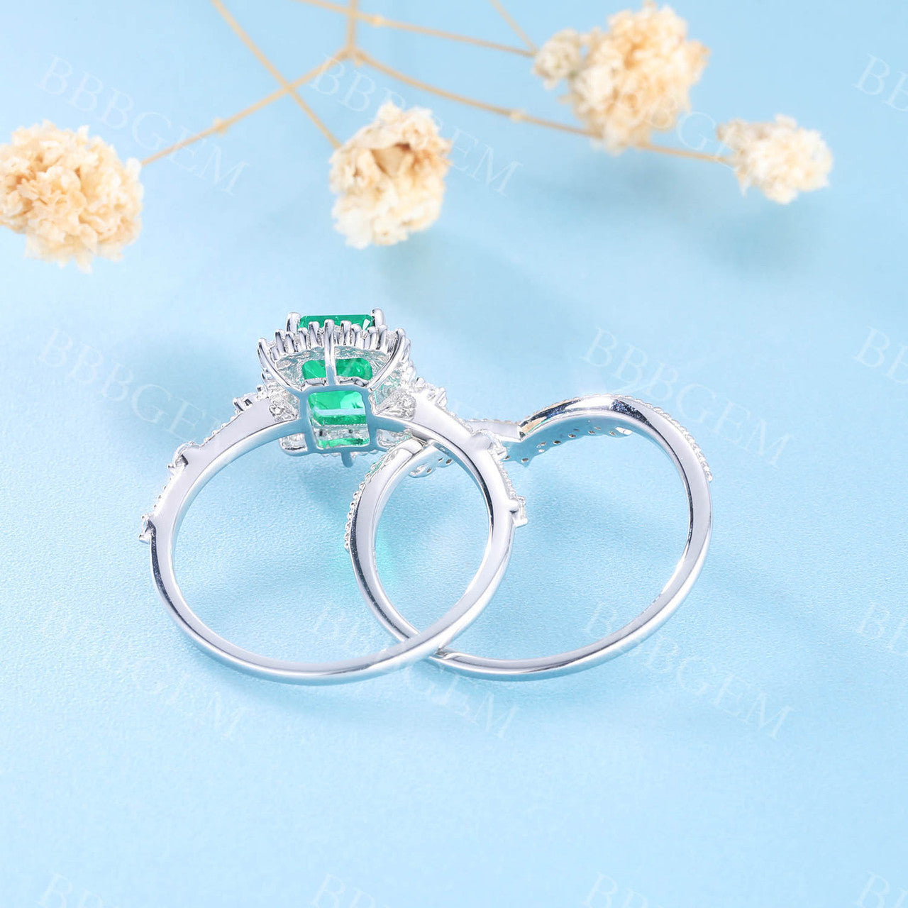 Emerald Gemstone Statement Ring Emerald Cut Wedding Ring Set