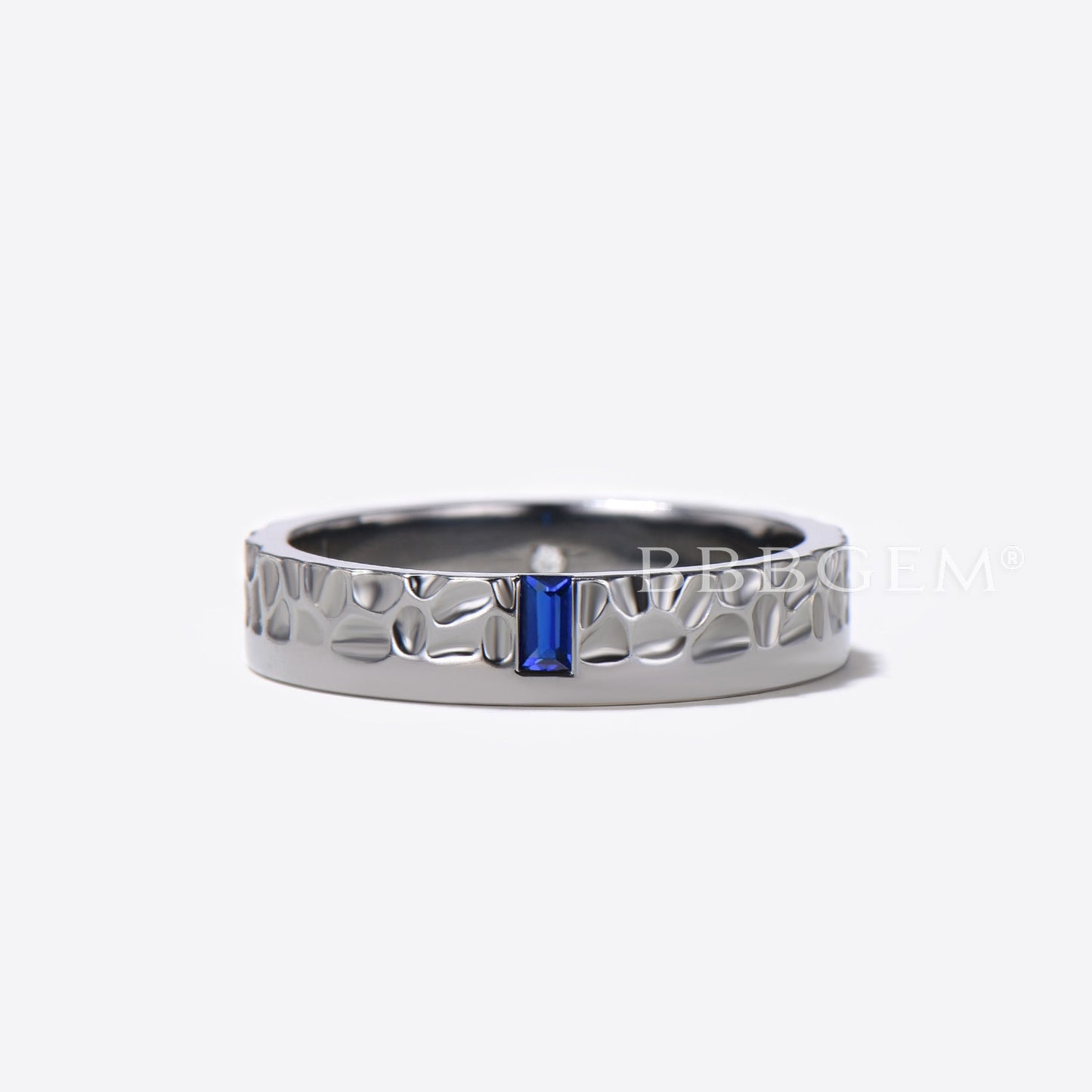 Baguette Cut Sapphire Band White Gold Hammered Mens Wedding Band