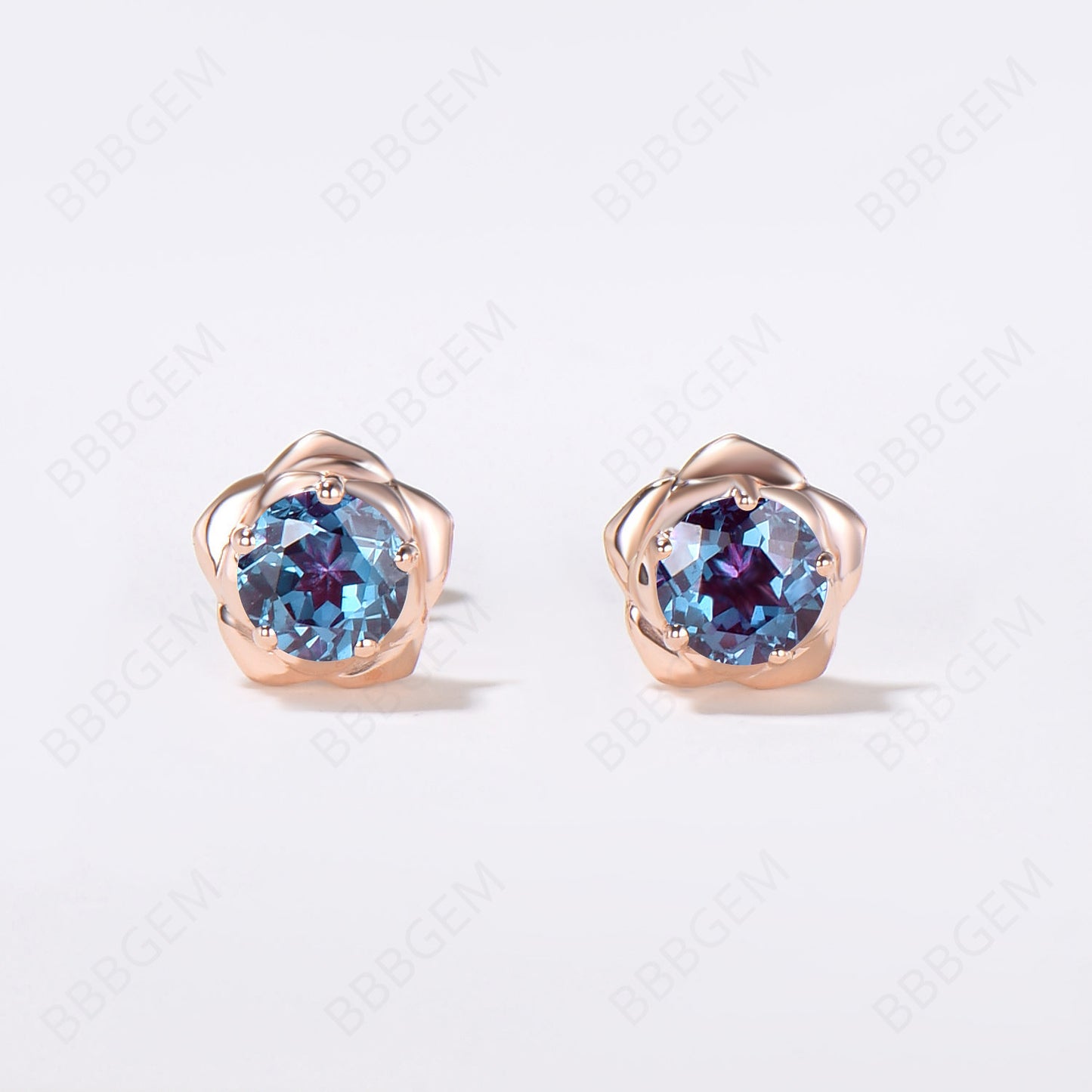 Rose Gold Flower Stud Earrings Round Cut Alexandrite Earrings