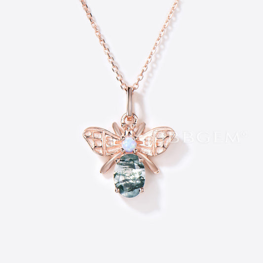 14K Rose Gold Honey Bee Necklace Natural Oval Moss Agate Charm Pendant