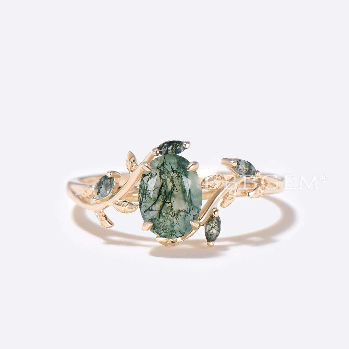 14K Gold Leaf Oval Natural Moss Agate Engagement Ring Branch Vine Ring