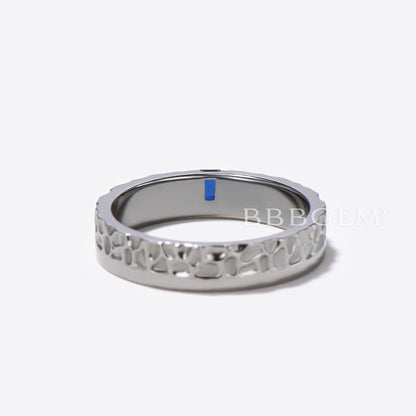 Baguette Cut Sapphire Band White Gold Hammered Mens Wedding Band