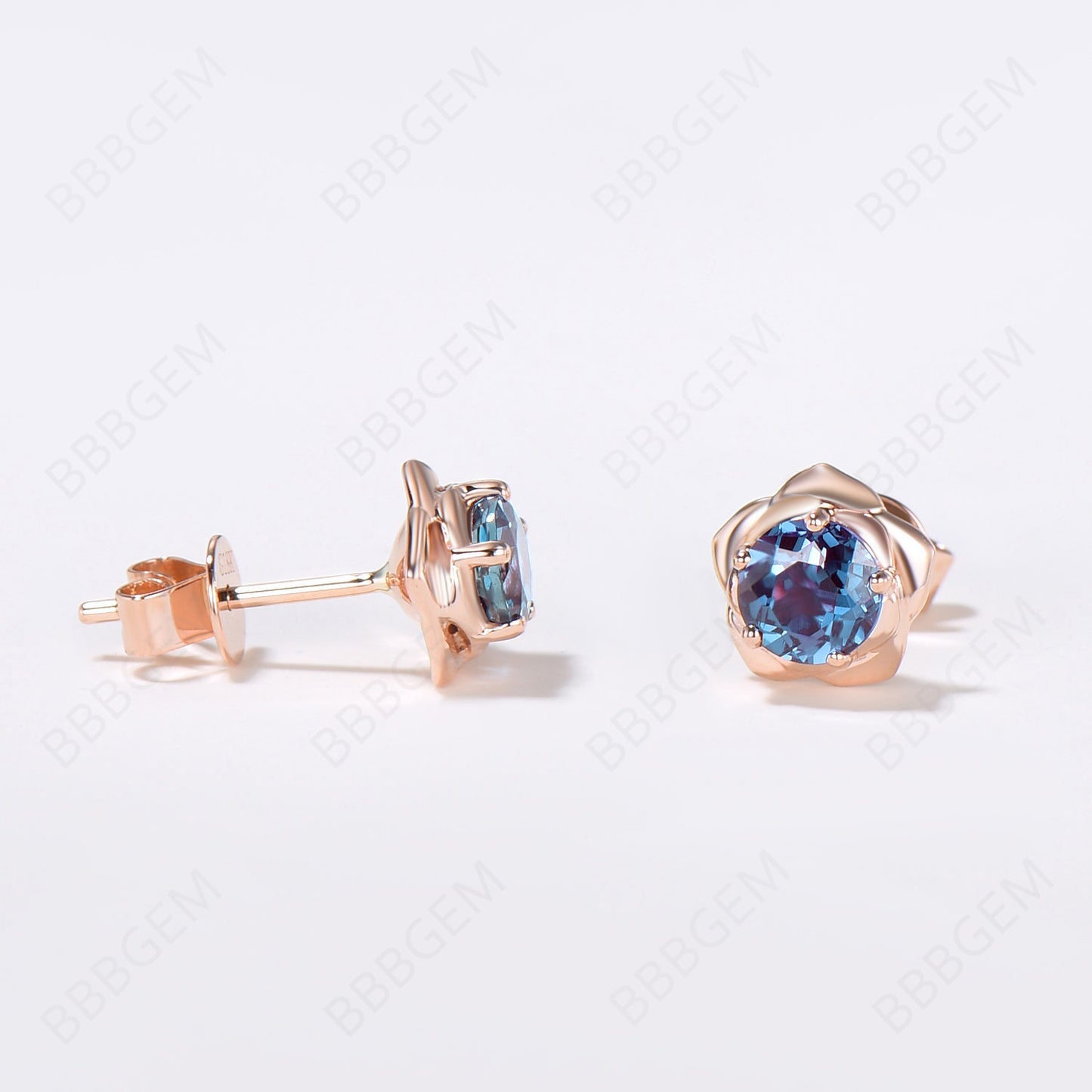 Rose Gold Flower Stud Earrings Round Cut Alexandrite Earrings