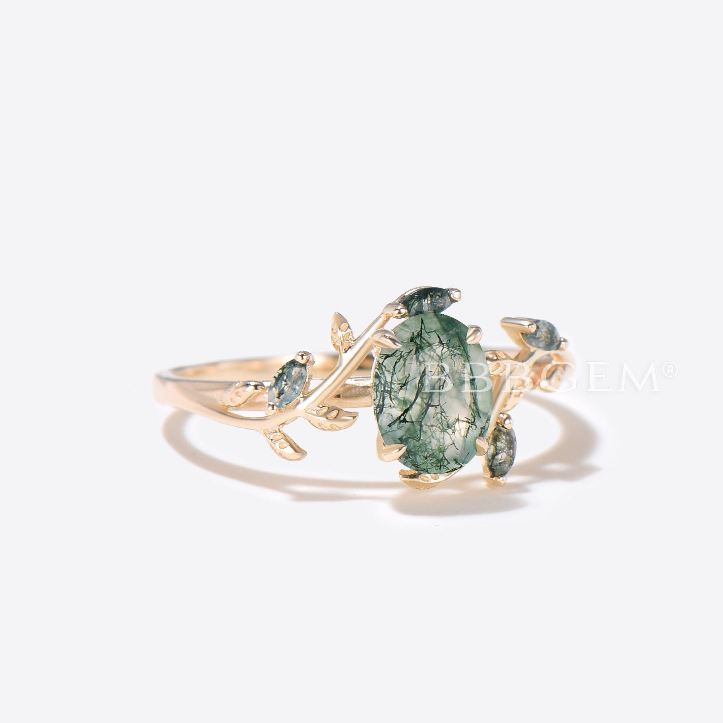 14K Gold Leaf Oval Natural Moss Agate Engagement Ring Branch Vine Ring