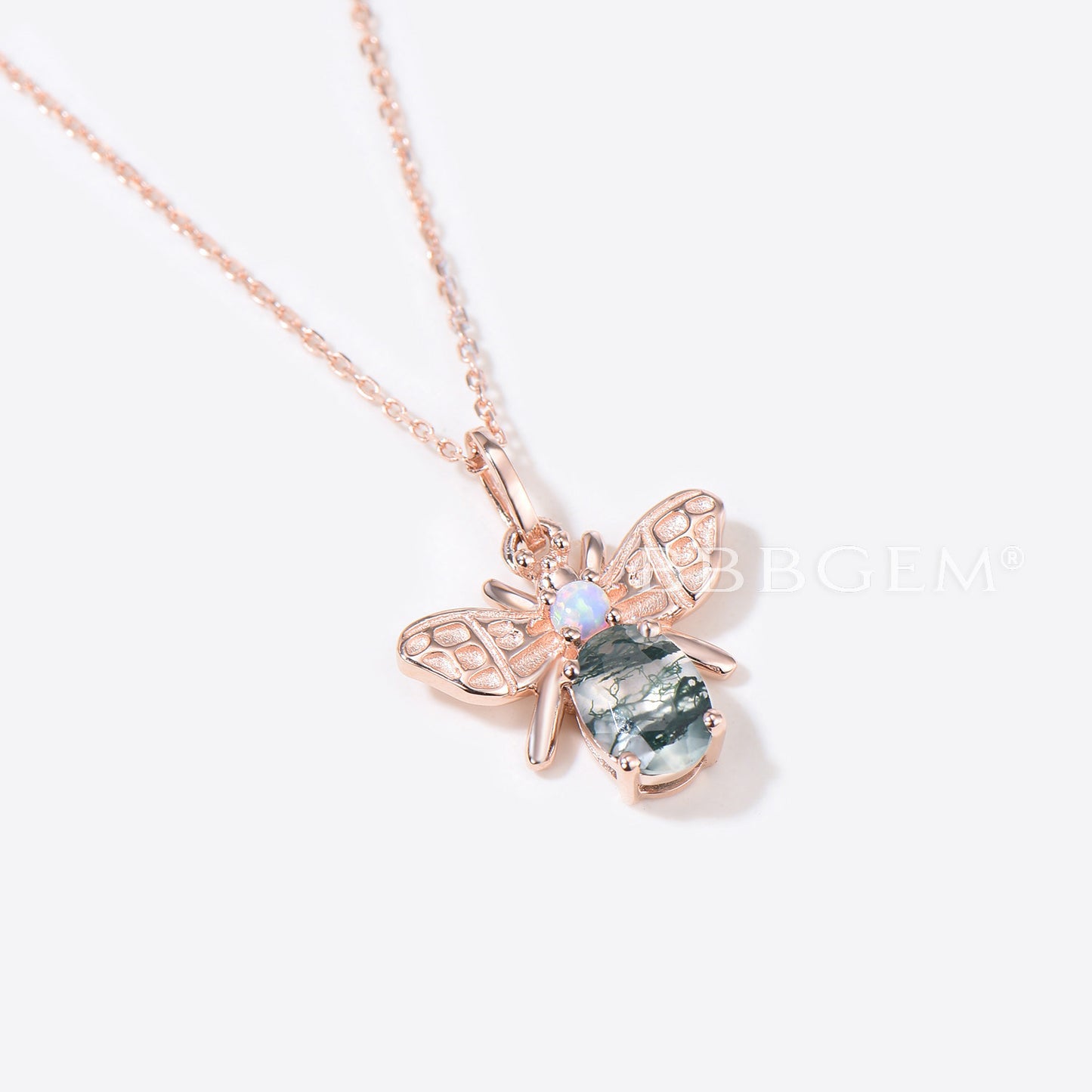 14K Rose Gold Honey Bee Necklace Natural Oval Moss Agate Charm Pendant