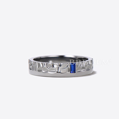 Baguette Cut Sapphire Band White Gold Hammered Mens Wedding Band