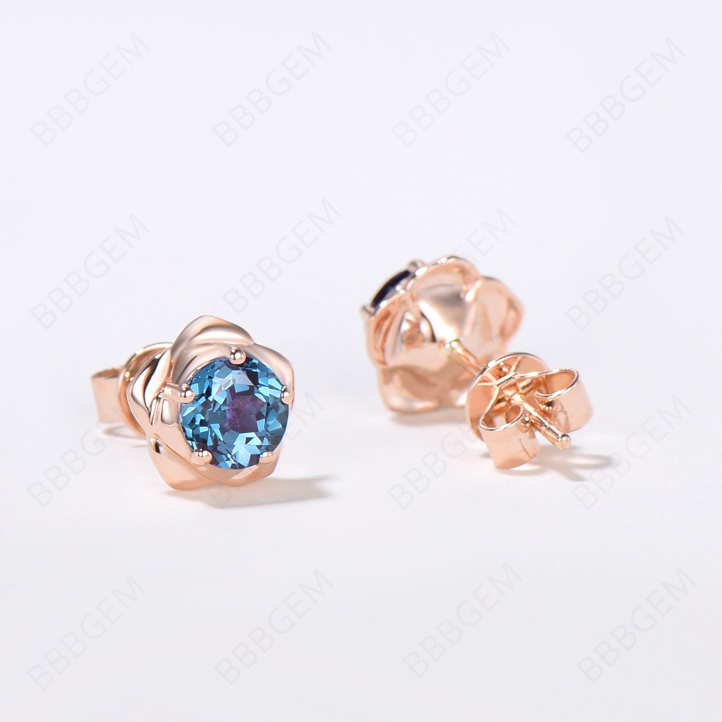 Rose Gold Flower Stud Earrings Round Cut Alexandrite Earrings