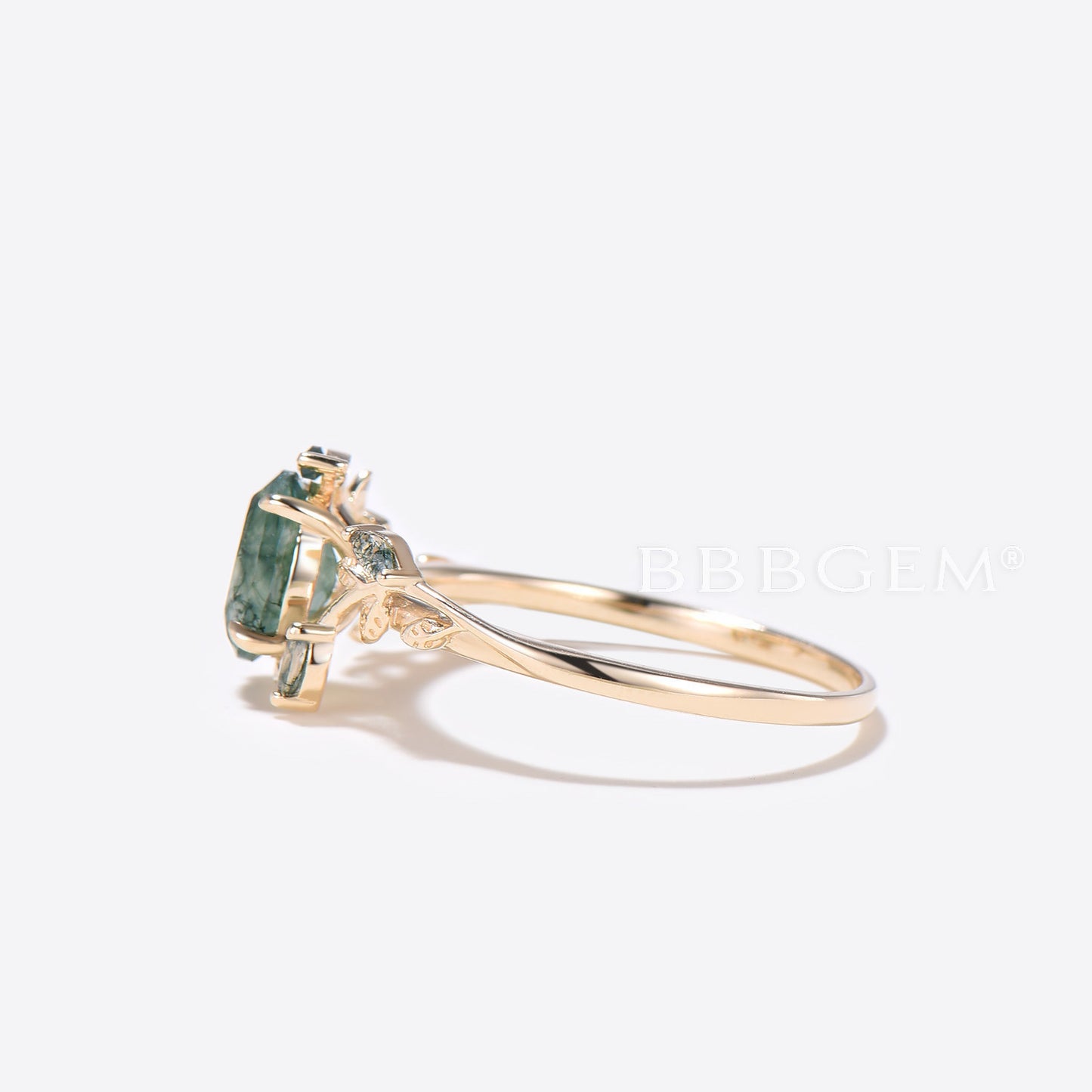 14K Gold Leaf Oval Natural Moss Agate Engagement Ring Branch Vine Ring