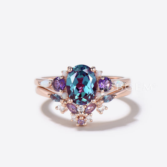 Butterfly Alexandrite Engagement Ring Set Cluster Amethyst Ring