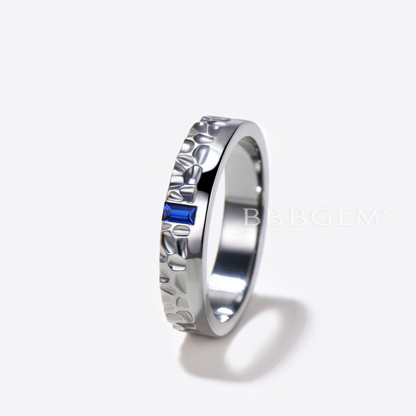 Baguette Cut Sapphire Band White Gold Hammered Mens Wedding Band