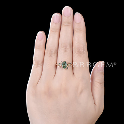 14K Gold Leaf Oval Natural Moss Agate Engagement Ring Branch Vine Ring