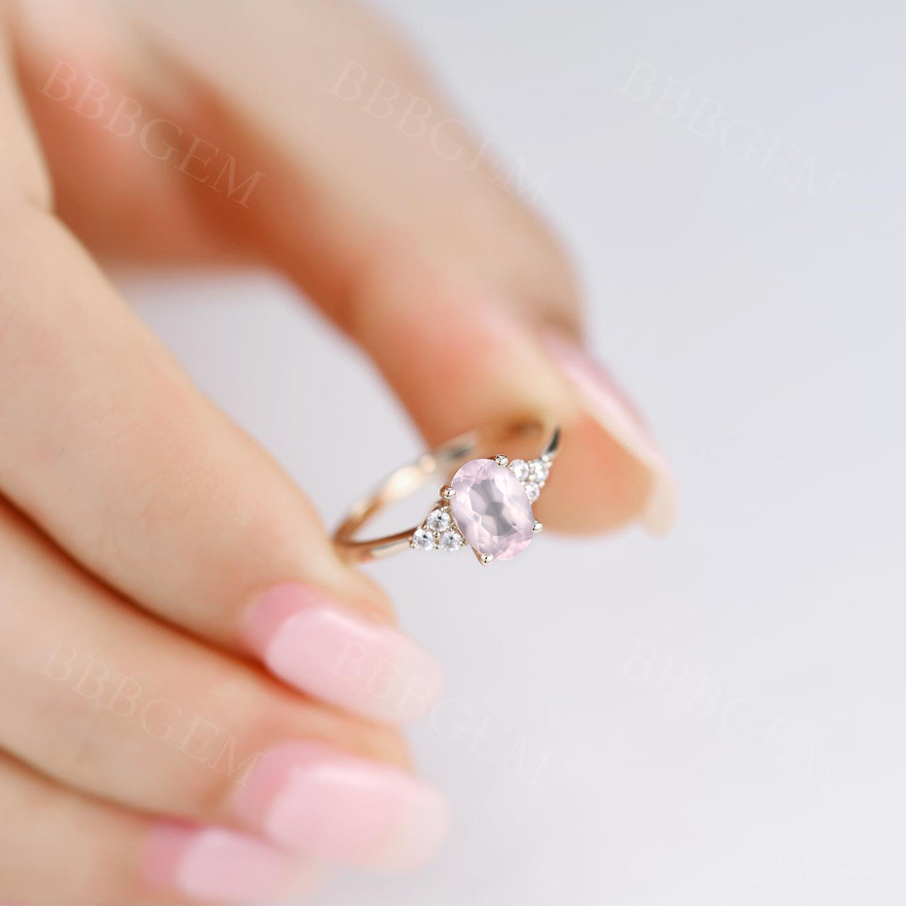 Dainty Rose Gold Rose Quartz Engagement Ring Diamond Ring Plain Gold Band