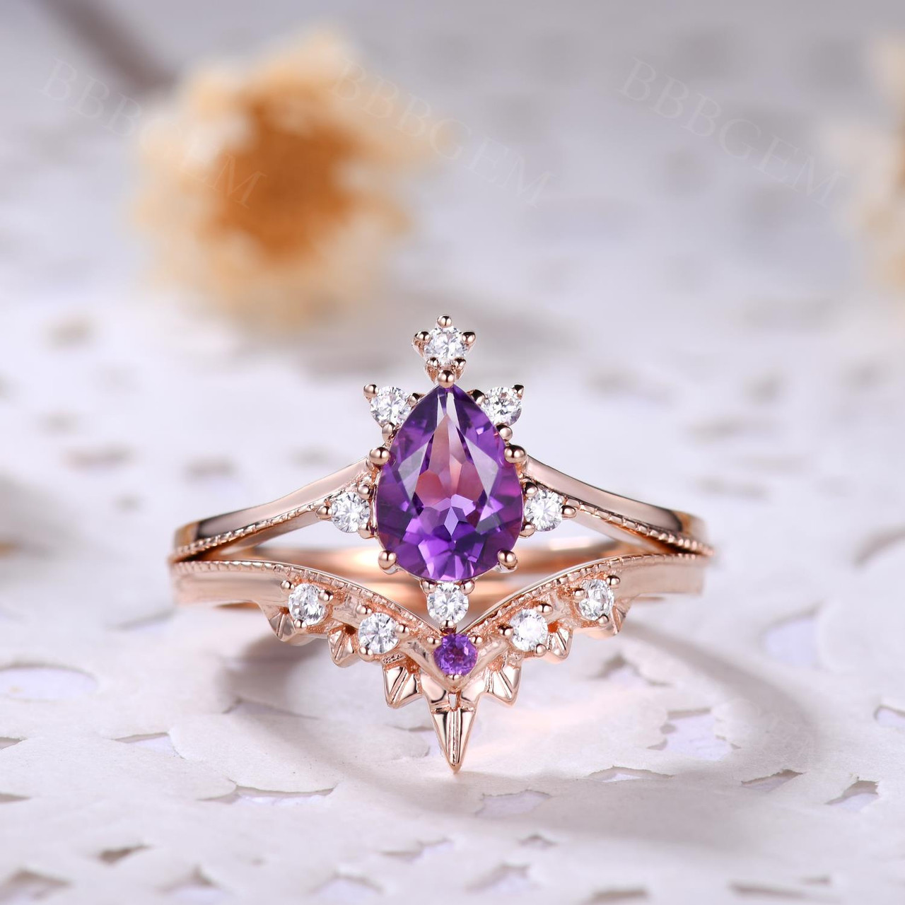 Natural Amethyst Purple Crystal Ring Set 2 Pieces Pear Cut Shaped Band Wedding Ring 14k Pink Gold