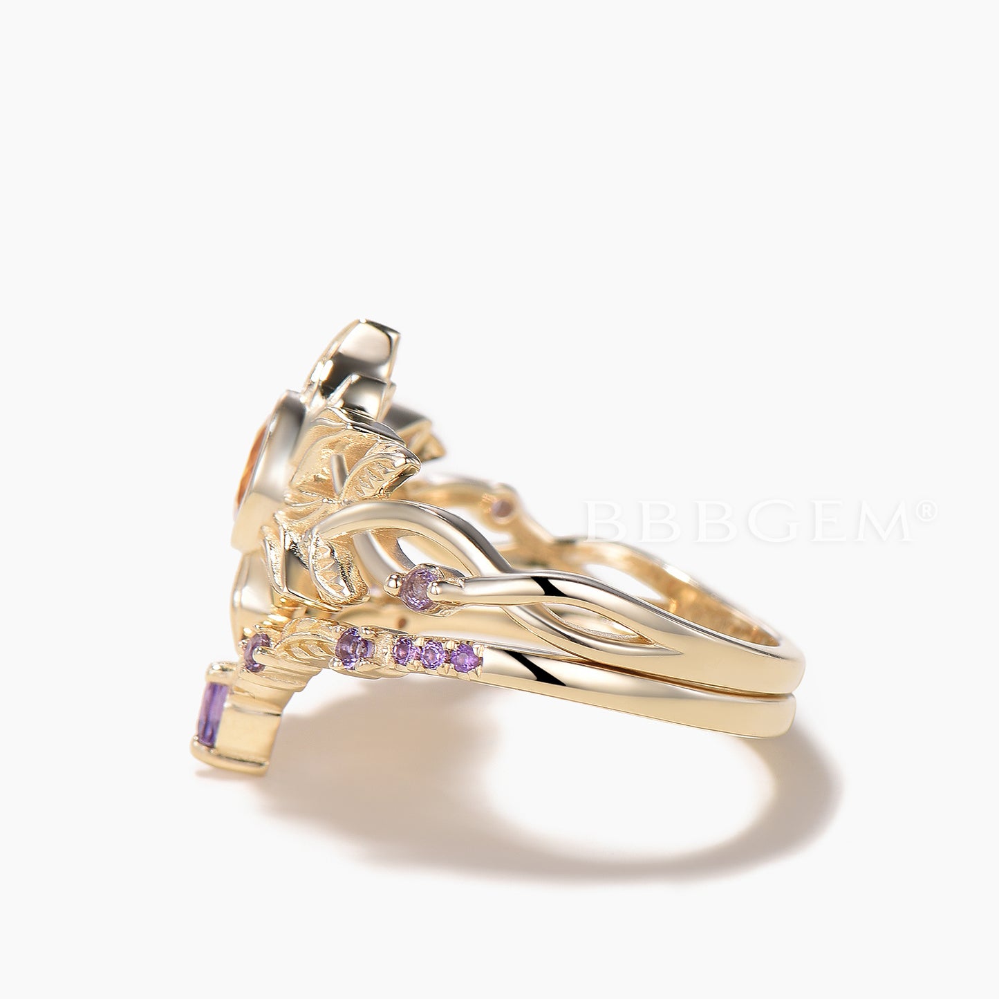 Round Cut Natural Citrine Sun Bezel Twisted Ring Set Amethyst Leaf Band