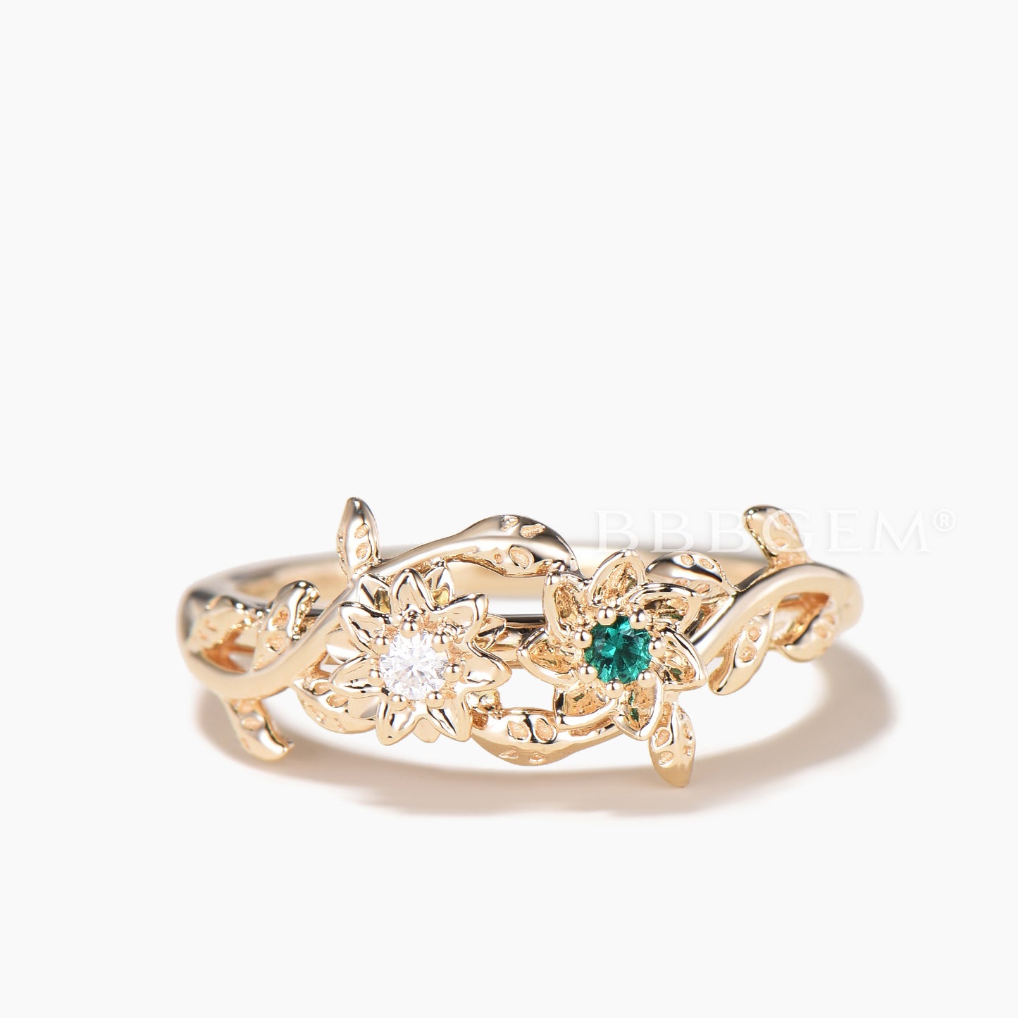 Round Cut Emerald Moissanite Floral Toi et Moi Wedding Ring Nature Inspired Ring