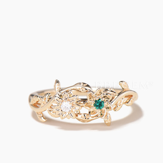 Round Cut Emerald Moissanite Floral Toi et Moi Wedding Ring Nature Inspired Ring