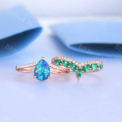 Art Deco Diamond Black Opal Engagement Ring Marquise Emerald Curve Eternity Band Set