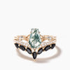 Gothic Alternative Coffin Cut Engagement Ring Set Moss Agate 14k Gold Ring & Marquise Cut Black Spinel Ring