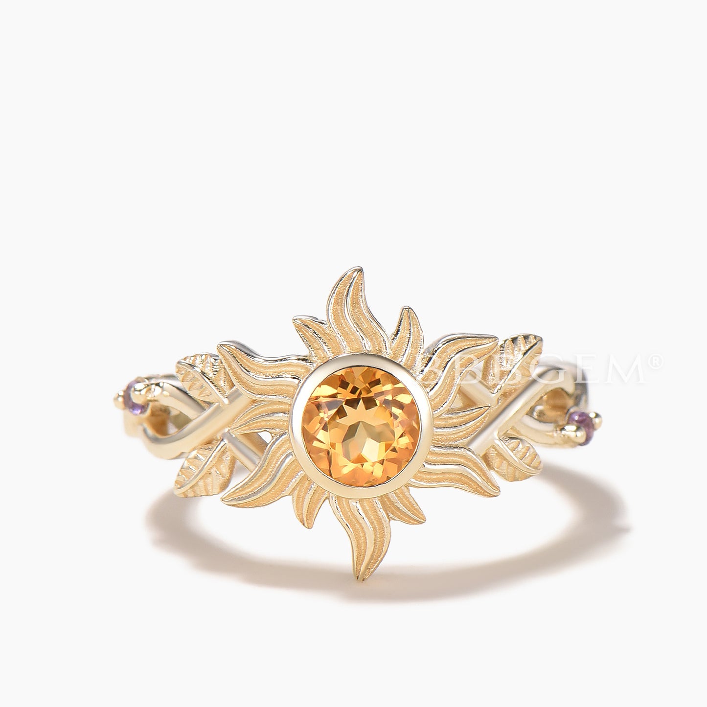 Round Cut Natural Citrine Sun Bezel Twisted Ring Set Amethyst Leaf Band