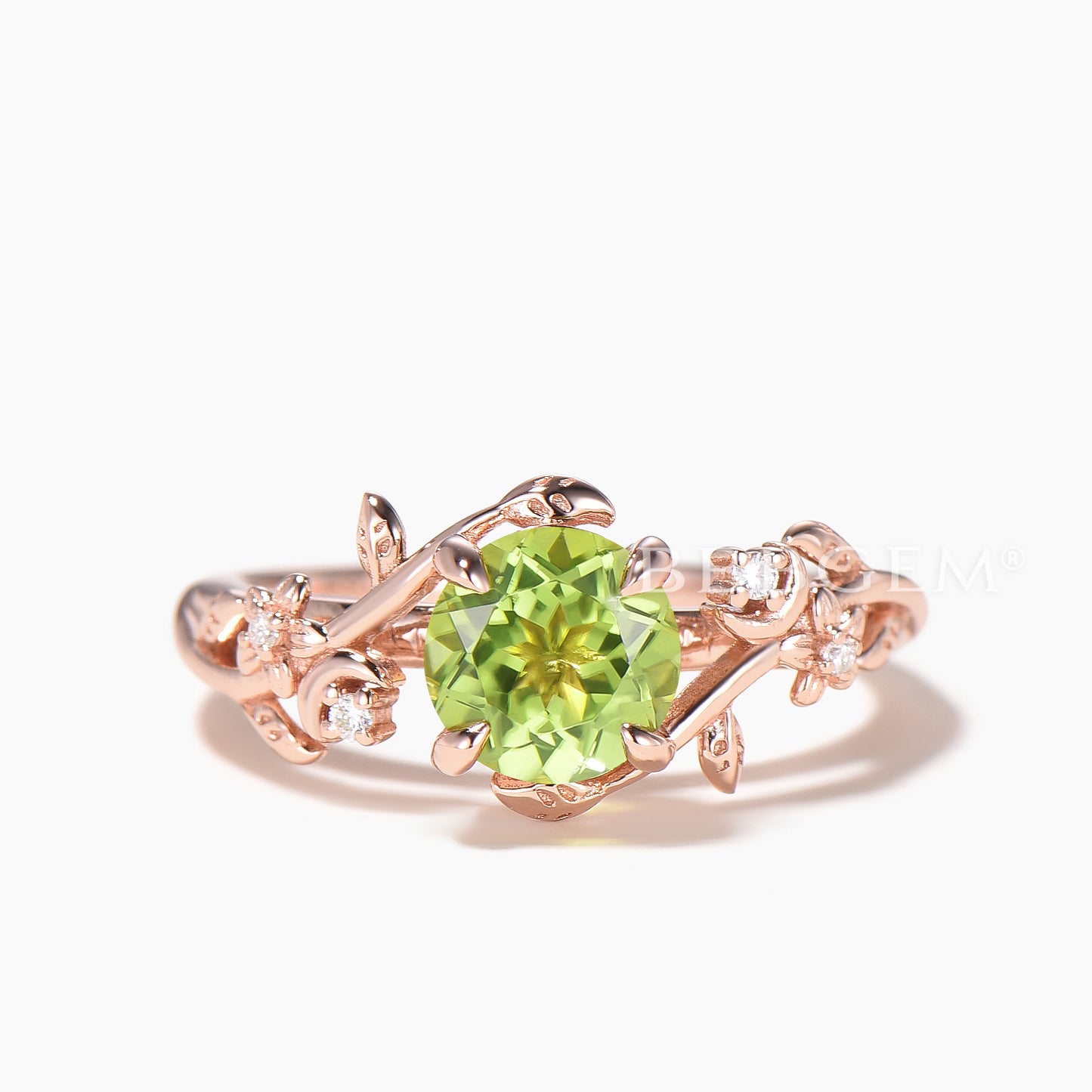 Round Cut Peridot Engagement Ring Diamond Twisted Nature Inspired Ring