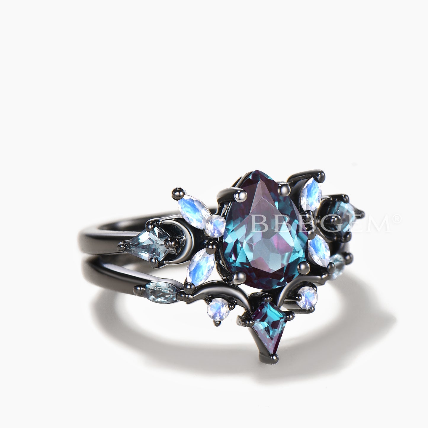 Teardrop Cut Color-change Alexandrite Ring Moonstone Accent Moon Bridal Set