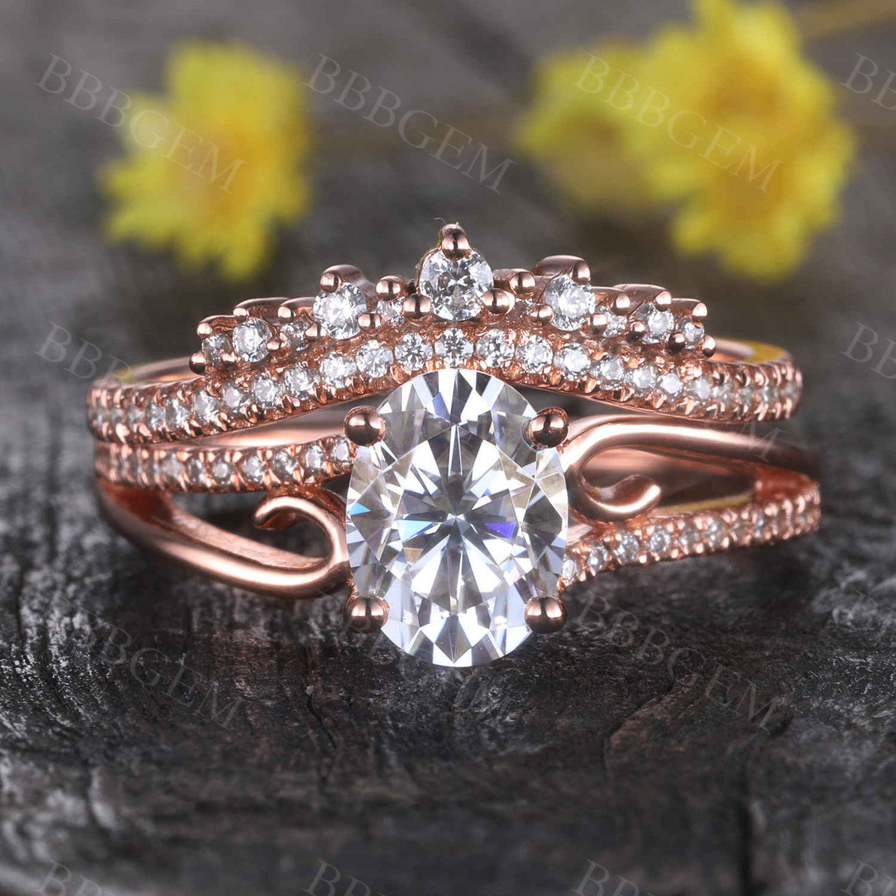 14K Rose Gold Moissanite Engagement Ring Set