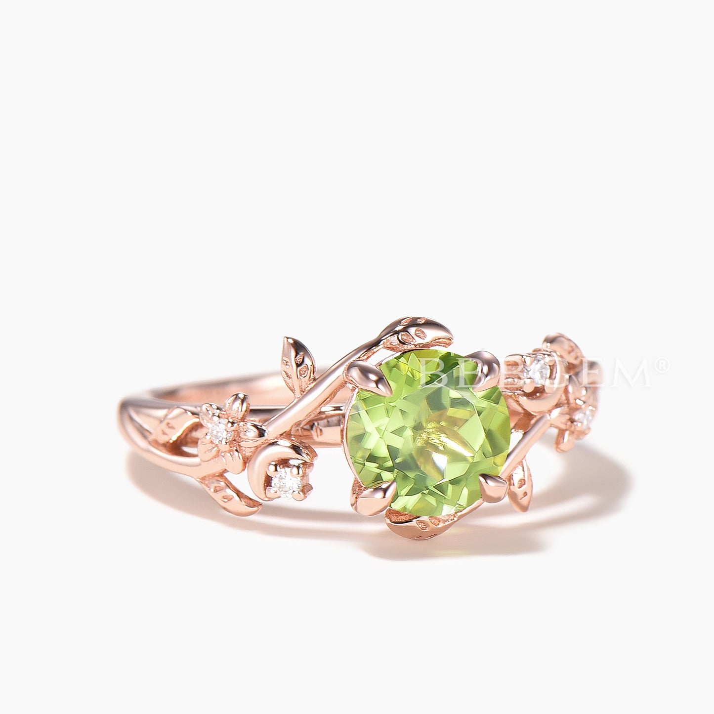 Round Cut Peridot Engagement Ring Diamond Twisted Nature Inspired Ring