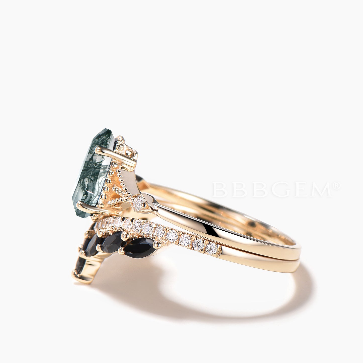 Gothic Alternative Coffin Cut Engagement Ring Set Moss Agate 14k Gold Ring & Marquise Cut Black Spinel Ring