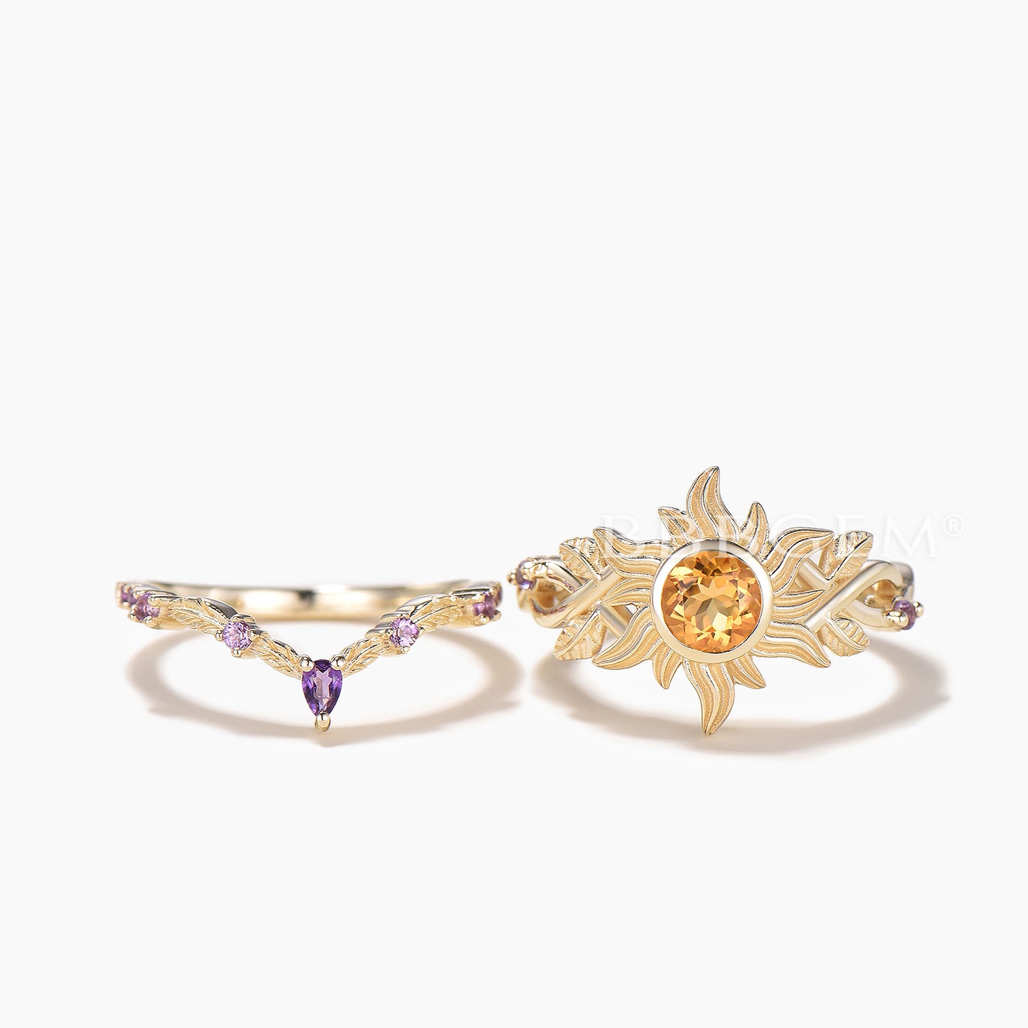 Round Cut Natural Citrine Sun Bezel Twisted Ring Set Amethyst Leaf Band