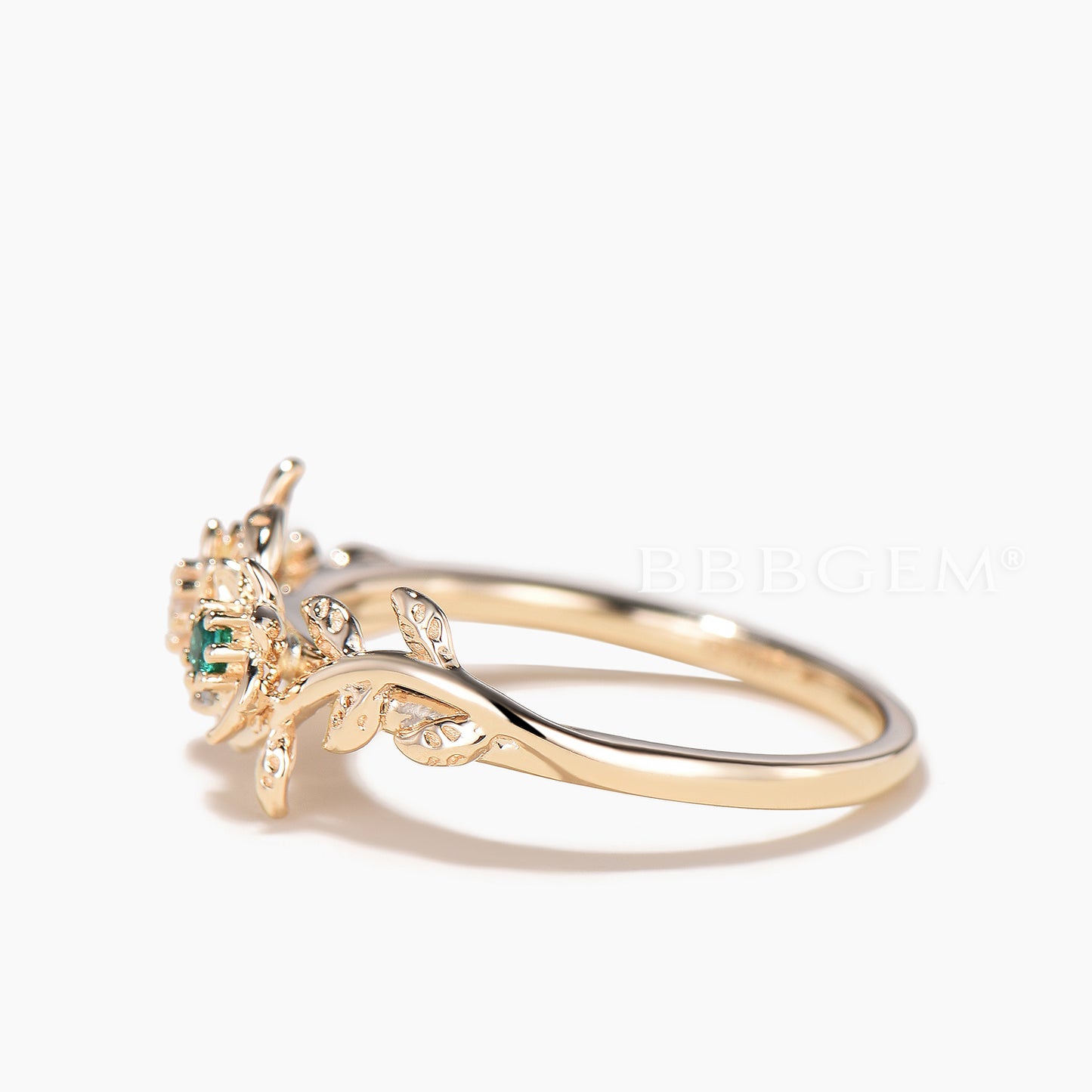 Round Cut Emerald Moissanite Floral Toi et Moi Wedding Ring Nature Inspired Ring