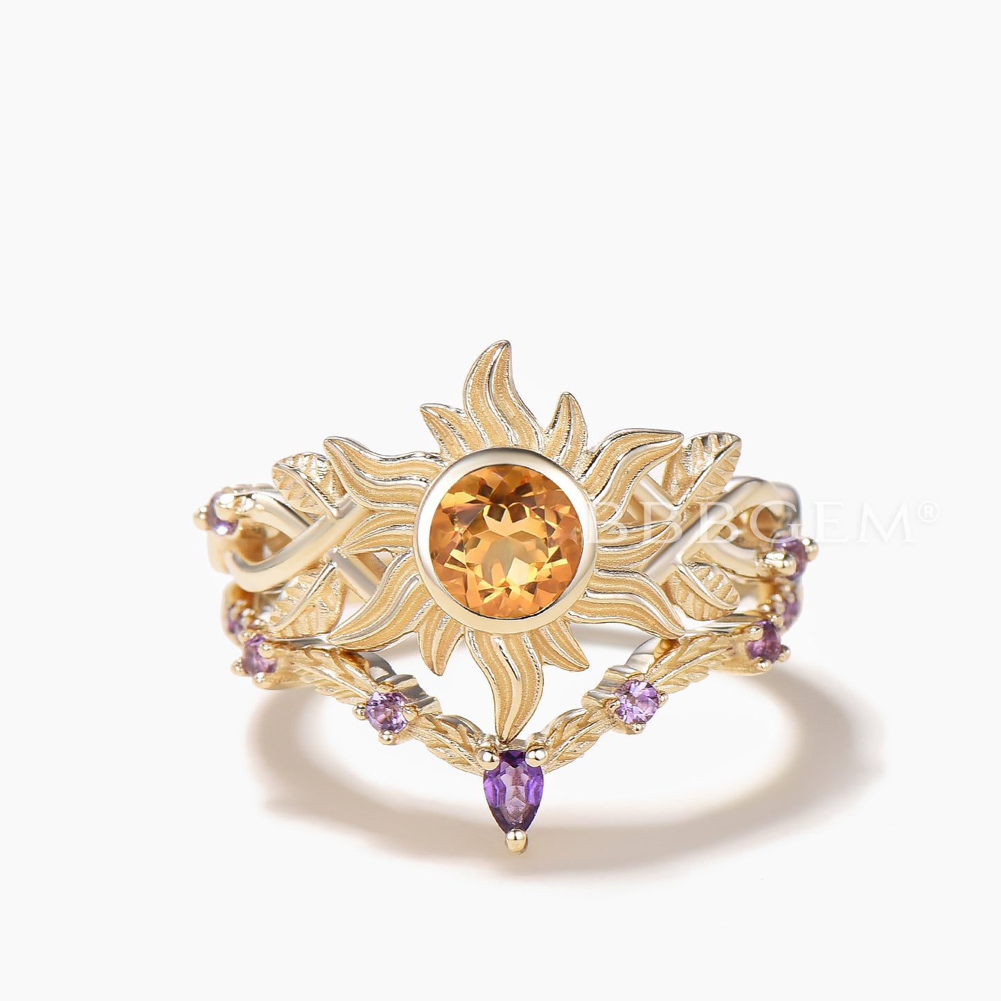 Round Cut Natural Citrine Sun Bezel Twisted Ring Set Amethyst Leaf Band
