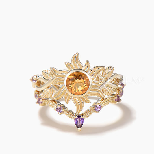Round Cut Natural Citrine Sun Bezel Twisted Ring Set Amethyst Leaf Band