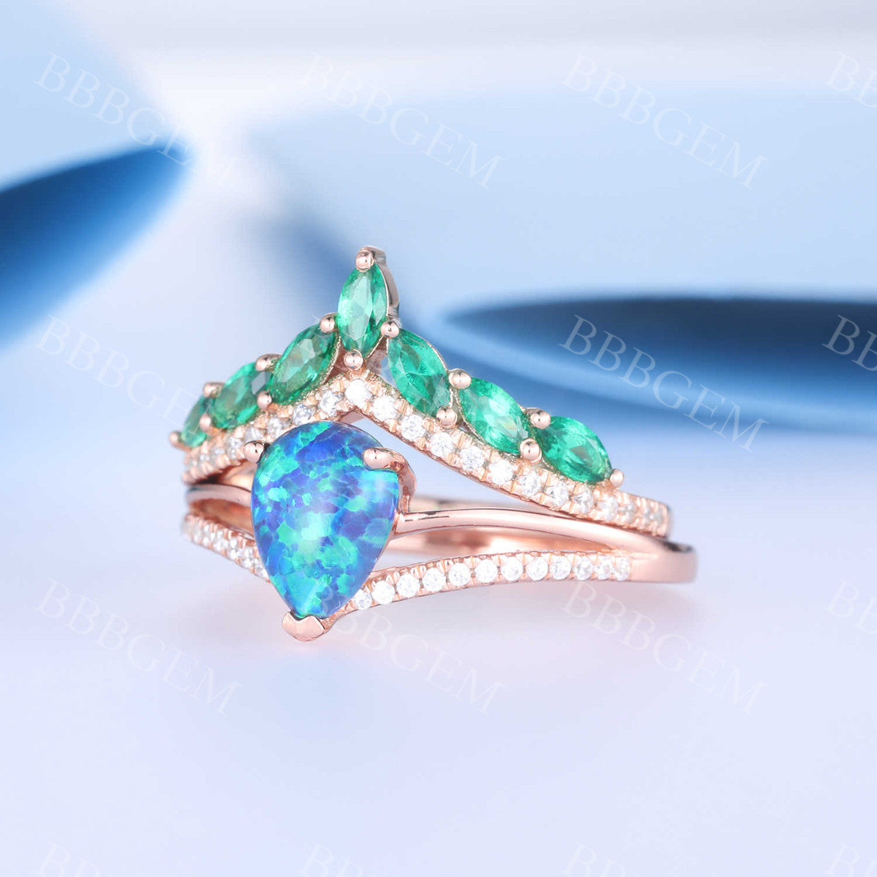 Art Deco Diamond Black Opal Engagement Ring Marquise Emerald Curve Eternity Band Set